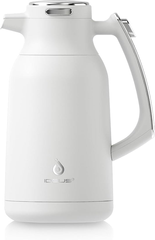 IDEUS Thermal Coffee Carafe, Stainless Steel Double Wall Insulated Vacuum Flask, Water Jug Coffee Server and Beverage Dispenser, Heat and Cold Retention (White, 68, Fluid Ounces)