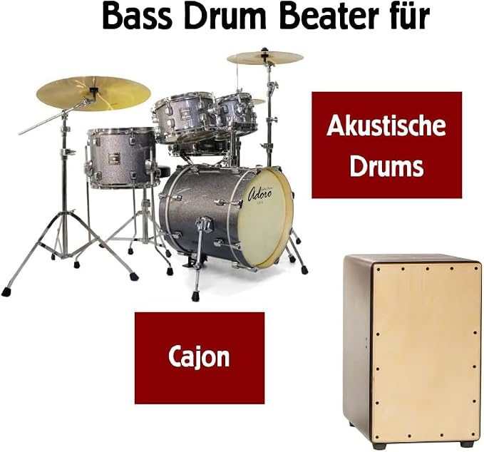 Adoro Silent Sticks & Bass Drum Beater Bundle - Quiet Sticks and Beater for Acoustic Drums or Cajon Pedal - (no Drum Shield, Mute or Dampeners needed anymore)