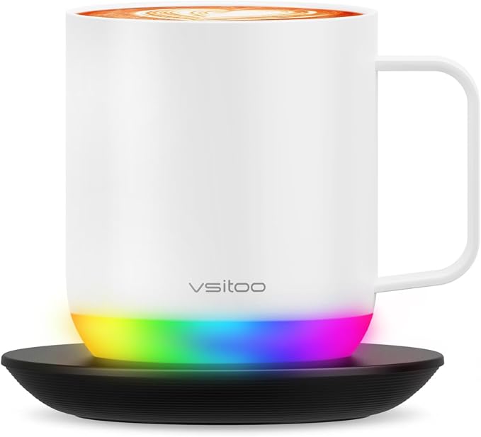 Vsitoo S6 Plus 12oz Smart Self Heating Coffee Mug, AI Auto-Sensing Heated Espresso Mug Temp Control 120-150℉, Rechargeable Mug Warmer with Music LED, IPX7 Gift for Women Men- White