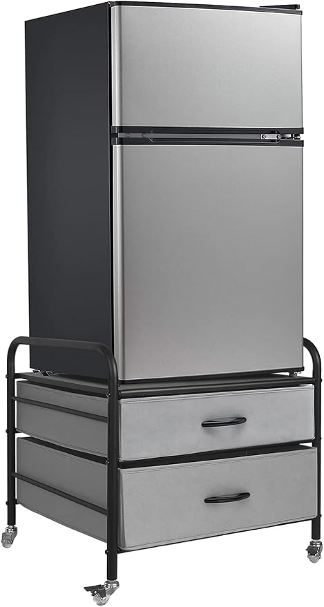 EazeHome Mini Fridge Stand, Fridge Stand with Storage, 2 Drawer Fridge Cart, Organizer Unit for Mini Fridge, Fridge Stand with Metal Frame and Fabric Drawers, Mini Fridge Table with 4 Swivel Wheels