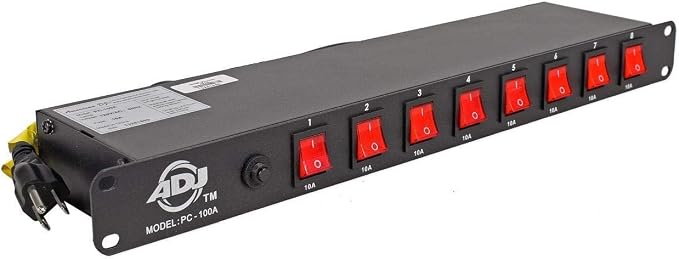 American DJ 8 channel AC power strip with 15 amp breaker and 8 on/off toggle switches. 19 inch rack mountable