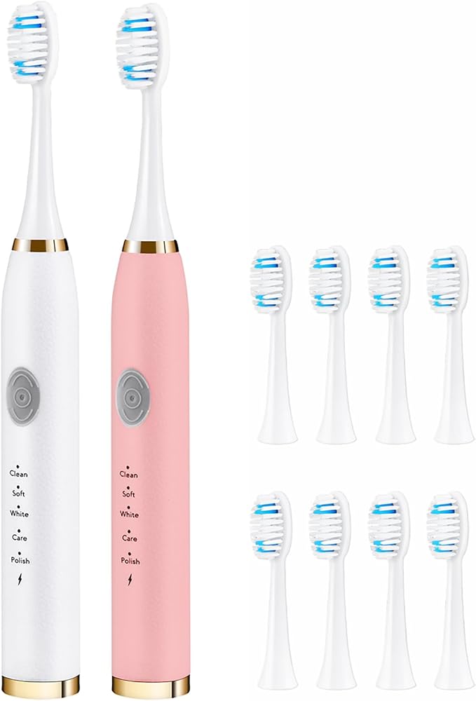 2 Pack Electric Toothbrush for Adults, Travel Electric Toothbrush Includes 10 Replacement Brush Heads, 5 Modes, 2 Hours Charge for 45 Days (White & Pink)