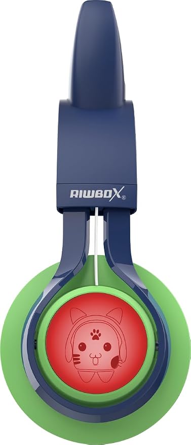 Riwbox Kids Headphones, CT-7S Cat Ear Bluetooth Headphones with LED Light, 85dB Volume Limiting, Over Ear with Microphone for Laptop/PC/TV (Green&Navy Blue)