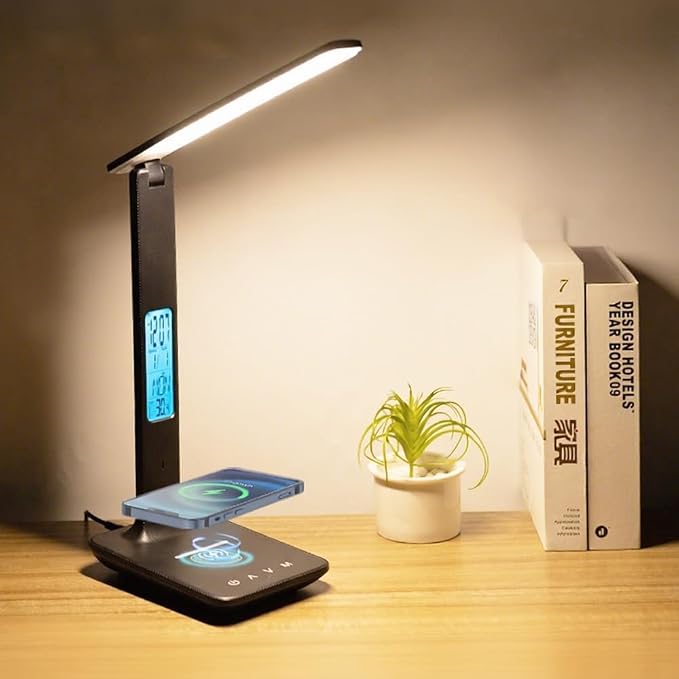 IHAO Multi-Functional Desk Lamp 10W Qi Wireless Charger 3 Color Modes 5 Brightness Levels Eye-Caring LED Light Faux Leather Finish Calendar Temperature Display Office Table Lamp TX26 Black