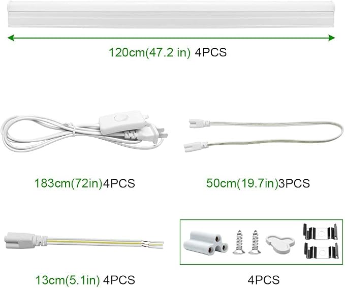 LightingWill T5 Integrated Fixture 4FT, Daylight White 6000-6500K, 20W, Linkable LED Shop Light, LED Ceiling and Under Cabinet Light,Corded Electric with Built-in ON/Off Switch, 4 Pack