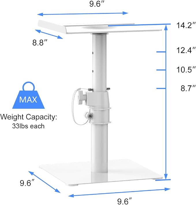 Suptek Free-Standing Speaker Stand Desktop Set, 9.6 x 8.8 inch Trays, Height Adjustment and Tilt, Universal Audio Holders for Computer and Bookshelf Speakers, Elevated Sound, 2 Pack, White, SDM001TW