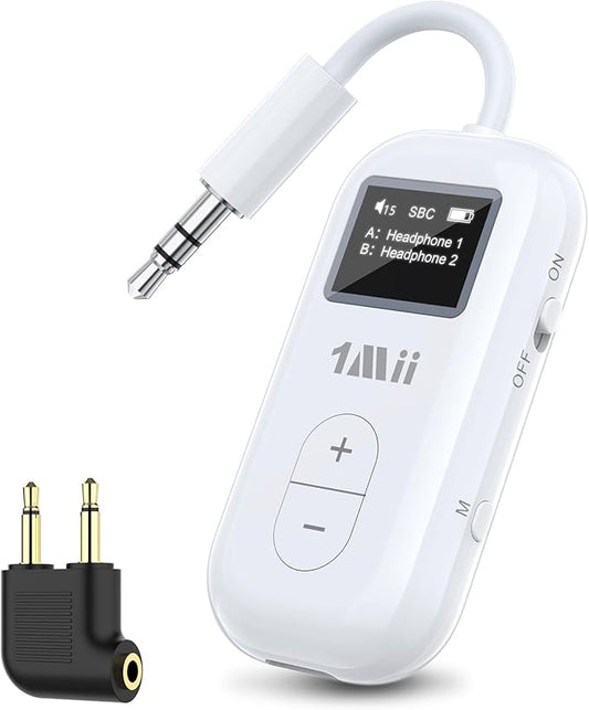 1Mii SafeFly Dual | Airplane Bluetooth Adapter for AirPods or Headphones, Bluetooth Transmitter with Screen, Volume Control, aptX Adaptive & HD, 3.5mm Aux Audio Jack for Airplane, Travel Flight