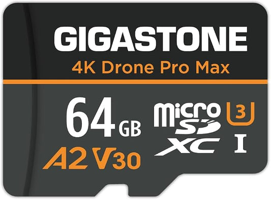 【5-Years Data Recovery】【Designed for Drone】GIGASTONE 64GB Micro SD Card, 4K Drone Pro Max, A2 V30 for DJI Drone, Gopro, 4K UHD Video Recording, R/W up to 95/35 MB/s, UHS-I U3 C10 Class 10 with Adapter