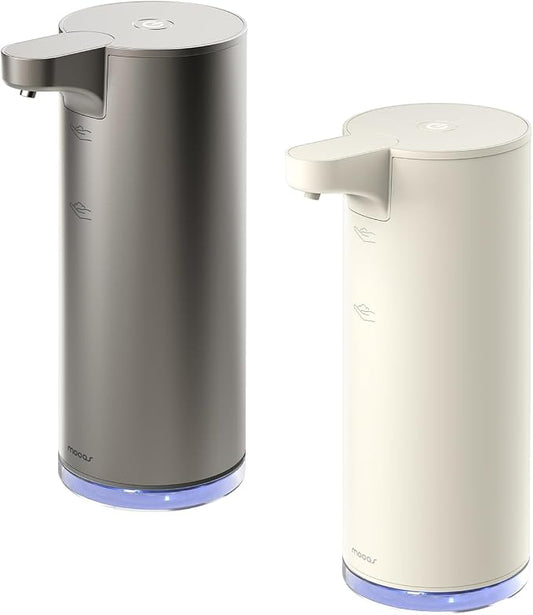 mooas Automatic Foaming Hand Soap Dispenser 2 Set (Ivory & Metal) Stainless Steel Rechargeable 2 Level Adjustable Touchless Soap Dispensers for Kitchen, Bathroom, Commercial 9.4oz Each