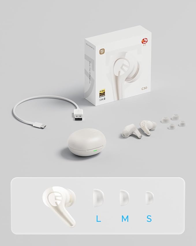 SoundPEATS C30 Hybrid ANC Earbuds, LDAC Hi-Res Audio, 52H Playtime, 52dB Adaptive Noise Cancelling Wireless Earbuds, 6-Mic Clear Call, 12mm Driver, Bluetooth 6.0, Multi-Point, IP54 - Beige