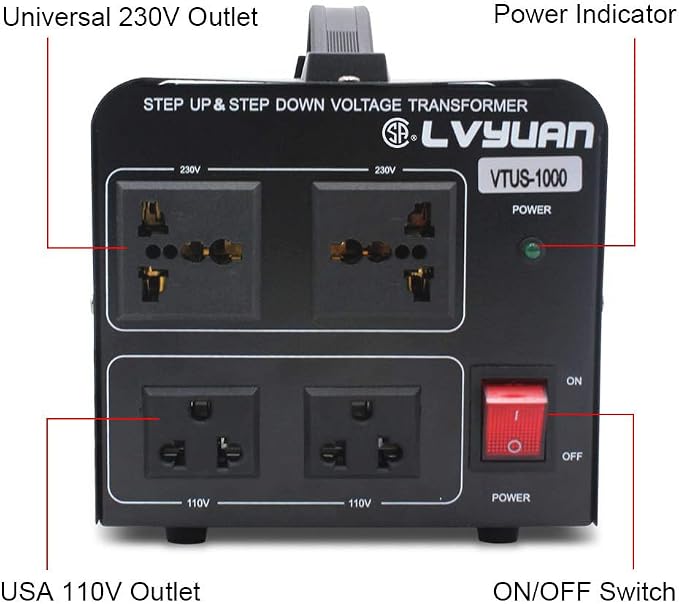 Cantonape Voltage Transformer Converter 1000 Watt Step Up/Down Convert from 110-120 Volt to 220-240 Volt and from 220-240 Volt to 110-120 Volt with 2 US Outlets, 2 Universal Outlets