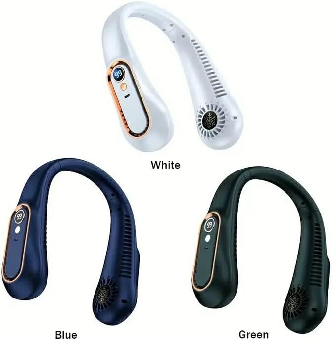 2500mAh portable neck fan, rechargeable USB portable cold fan with 5-speed wind speed and digital display, no blade design (Blue 2500mAh)