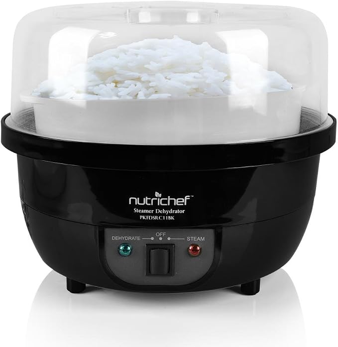 NutriChef Food Dehydrator Machine and Professional Electric Steamer, Cooker, Meat Preserver, Beef Jerky Maker, Fruit Dryer, Steams Rice and Vegetables with Stackable Trays in Black