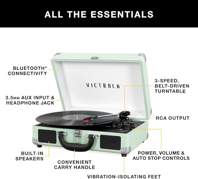 Victrola Journey Bluetooth Portable Suitcase Record Player – with Built-in Speakers, 3 Speed Vinyl Record Player, RCA Out, Headphone Jack (Gray)