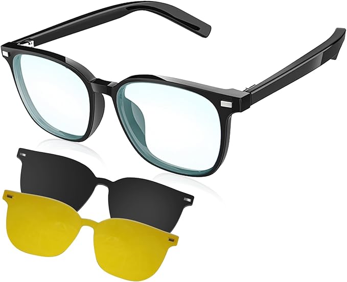 Smart Bluetooth Glasses for Men & Women, Magnetic Lenses 3-in-1(Blue Light Blocking/UV400/Night Vision), Auto On/Off, Call/Music, IP65 Waterproof, Wireless Audio Stylish Eyewear for Driving/Working