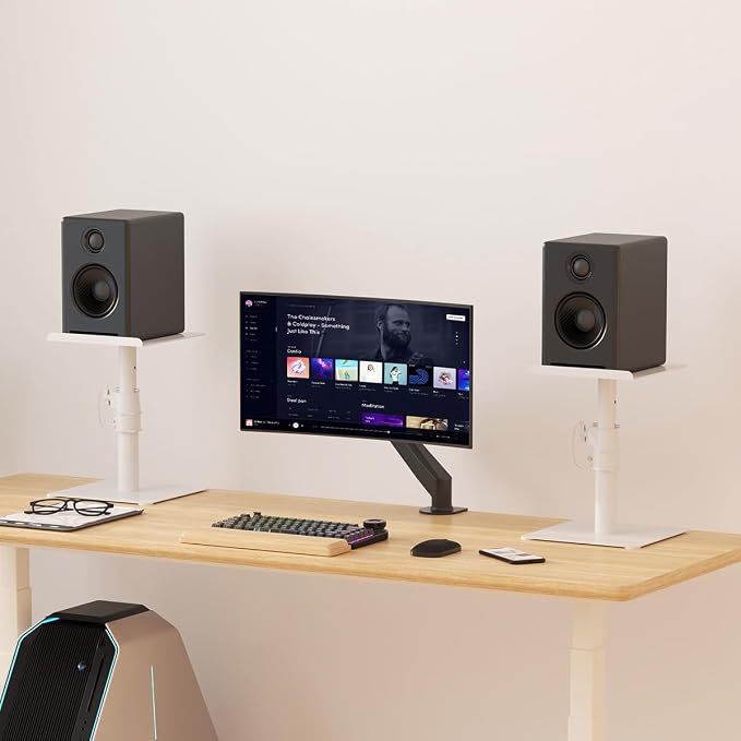 Suptek Free-Standing Speaker Stand Desktop Set, 9.6 x 8.8 inch Trays, Height Adjustment and Tilt, Universal Audio Holders for Computer and Bookshelf Speakers, Elevated Sound, 2 Pack, White, SDM001TW