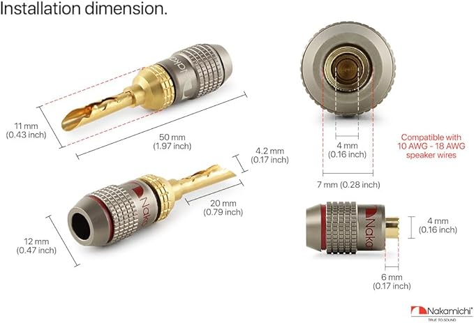Nakamichi FanLock Excel Series 24k Gold Plated BFA Banana Plug 10 AWG - 18 AWG Gauge Size 4mm for Speakers Amplifier Hi-Fi Stereo Home Theatre Radio Audio Wire Cable Quick Connector, 8 Pcs (4-Pairs)