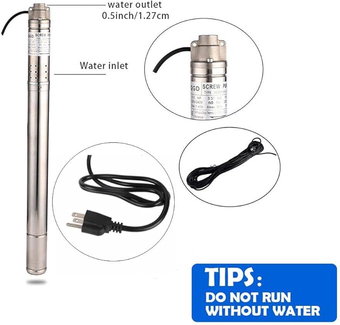 2In Stainless Steel Deep Well Pump 110V/60Hz Submersible Well Pump 0.5Hp 50mm Bore ＞53mm Well Rotary Screw Pump Max.H Lift 164ft 4.4GPM Electric Water Pump for Home Garden Agricultural Irrigation