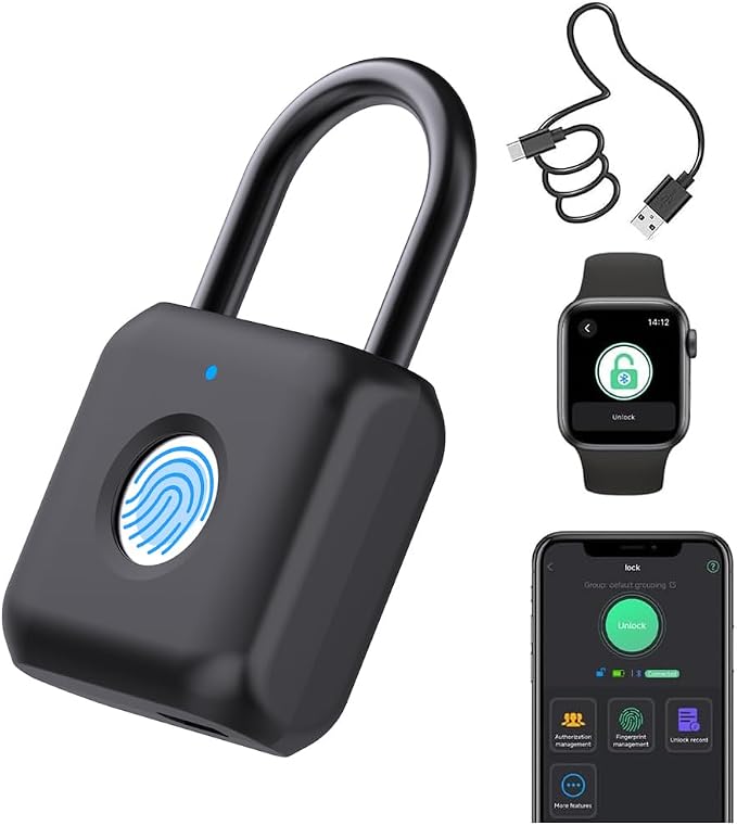 eLinkSmart Fingerprint Padlock for Gym Locker - Keyless Smart Lock with App & Bluetooth, Biometric Padlock for School Locker, Backpack, Suitcase, Luggage, Cabinet, Indoor Use (Black)