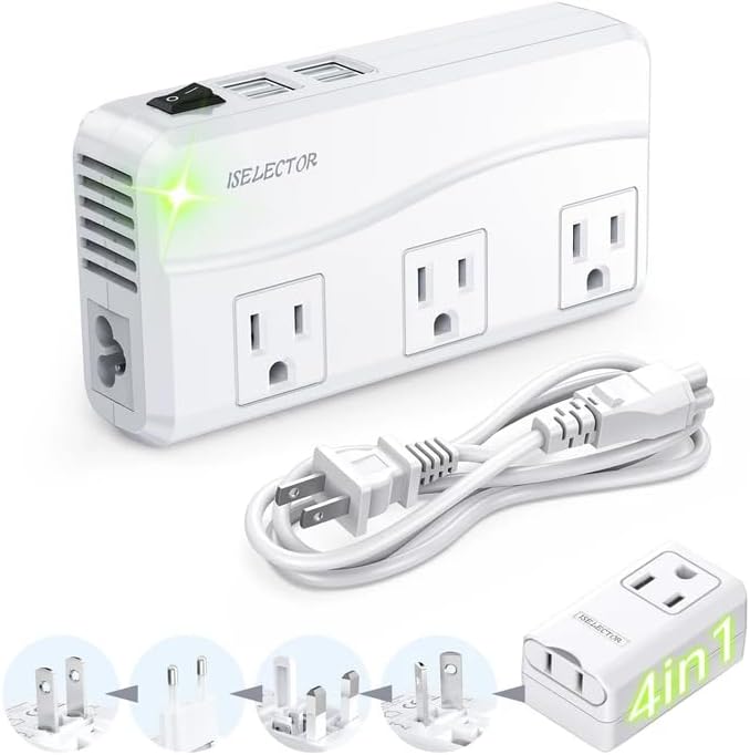 ISELECTOR Voltage Converter 220V to 110V, Travel Converter US to Europe with 4 USB Ports, 3 AC Sockets 4-in-1 Adapter Suitable for UK/AU/US/EU
