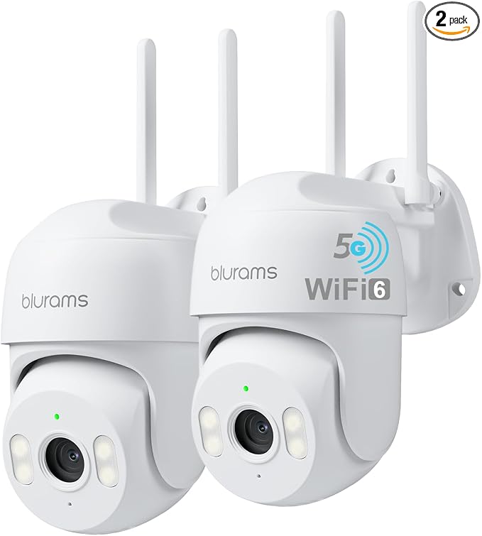 blurams 2Pack Security Cameras Outdoor Wired, 2K 360° PTZ Outdoor Security Camera, Weatherproof, 24/7 Recording with SD Card, Color Night Vision, AI Human Tracking, 2.4/5GHz WiFi6, Work with Alexa