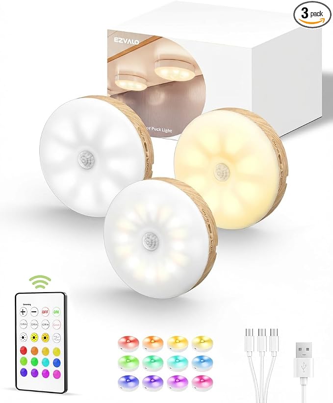 EZVALO Under Cabinet Lighting, 1000mAh Rechargeable Puck Lights with Remote, 3 Color Temps & 12 RGB Motion Sensor Closet Lights, Dimmable Under Cabinet Lights for Kitchen, Cabinets, Closet (3 Packs)