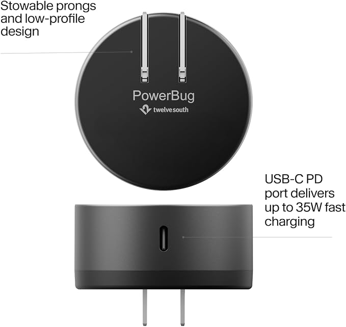 Twelve South PowerBug MagSafe Compatible Qi2 Magnetic Wireless Charger with 35W USB-C Hub – Fast Charging for iPhone 17, 16, 15, 14 & More – Slate