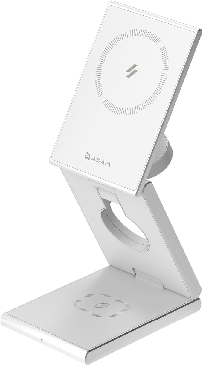 ADAM elements Mag Z 3-in-1 Foldable Travel Charging Station, Magnetic Wireless Charger for iPhone 17-12, Apple Watch, AirPods & Samsung Galaxy Watch, Compact Portable Stand for Desk & Travel (White)