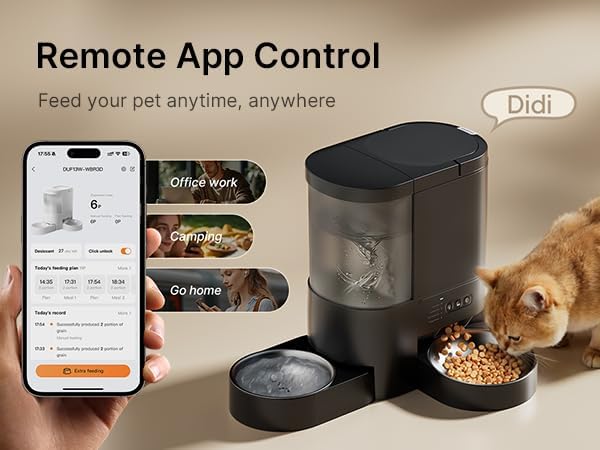 Automatic Cat Feeder and Water, 5G WiFi Cat Dry Food Dispenser, App Remote Control 4L Timed Pet Feeder and 3L Gravity Waterer, Voice Recording, Up to 10 Meal Daily with Dual Bowl for Cats, Small Dog