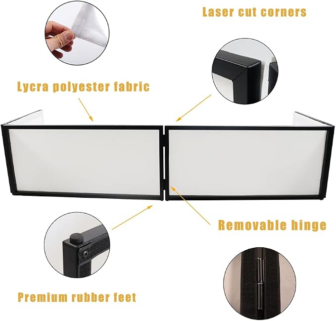 DJ Booth DJ Facade Portable DJ Event Booth Foldable Cover Screen Metal Frame Booth Front Board Video Light Projector Display Scrim Panel w/Travel Bag Black White Scrims