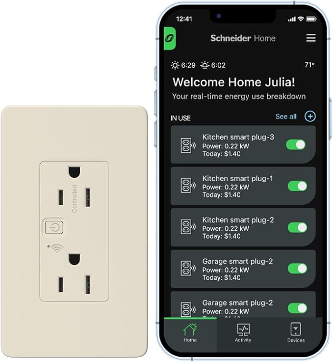 Square D by Schneider Electric X Series 15A 125V Wi-Fi Energy Monitoring Socket Outlet, Tamper Resistant, Matter Certified, Works with Alexa, Google Home, Apple Home, Matte Light Almond