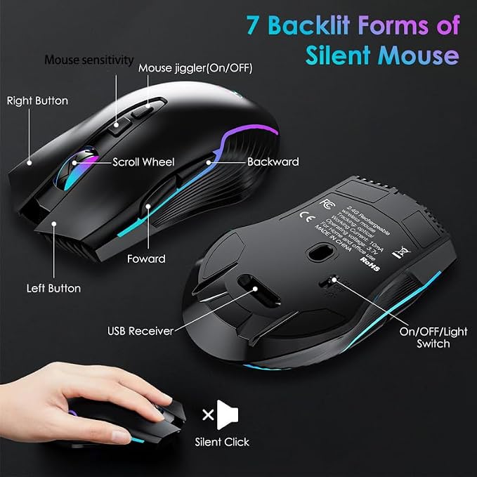 2.4G Wireless Keyboard with Mouse, Backlit Wireless Keyboard Mouse Combo,Rechargeable,with 7 Colored Backlits &Phone Holder &Wrist Rest &jiggler Mouse.Lighted up Full Size for Mac Windows Laptop PC