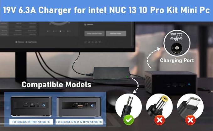 19V Power Cord Charger Adapter Compatible with Intel NUC 13 10 14 12 11 Pro Kit Mini NUC10i7FNH Power Supply Replacement PERFEIDY Power Supply Cord Charger PSU