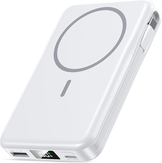 Magnetic Portable Charger, 10000mAh Power Bank, 5 in 1 Portable Charger with Built in Cable, 20W Fast Charging for Magsafe Battery Pack Compatible with iPhone 17/16/15/14/13/12 Pro/Pro Max-White