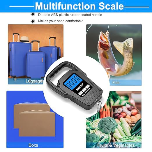 SKEAP Digital Fish Scale - 110lb/50kg Backlit LCD Fishing Gear with Portable Handle, Includes 2 AAA Batteries & Stainless Steel Hook, with USB Charging- Fishing Gifts for Men