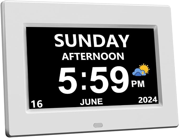 AINFTIME DST Digital Clock with Date and Day of Week for Elderly-12 Alarms Medication Reminder Dementia Alzheimers Clock Calendar with Extra Large Display No Power Adapter (7 inch White)