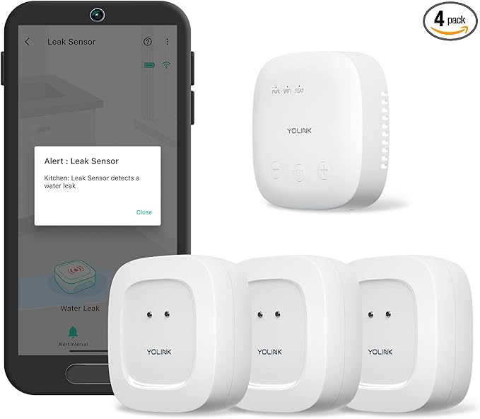 YoLink SpeakerHub & Three Water Leak Sensors Starter Kit – Plays Tones/Sounds, Spoken Messages, LoRa-Powered ¼ Mile Range, App Alert, Emails, SMS/Text, IFTTT