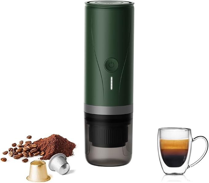 CERA+ PCM03 Portable Espresso Maker,Self-Heating Electric Mini Coffee Machine, 20-Bar Pressure,Compatible with NS Capsules & Fine Grind,Coffee Maker for Outdoor Camping,Hiking,RV & Car, travel (Green)