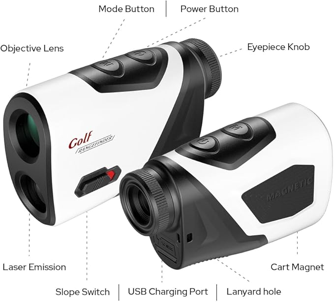 Golf Rangefinder with Slope and Pin Flagpole Lock Vibration, 1200 Yards Range Finder, External Slope Switch, Golf Tournament Legal, Rechargeable Battery, Magnetic Stripe, 6X Magnification