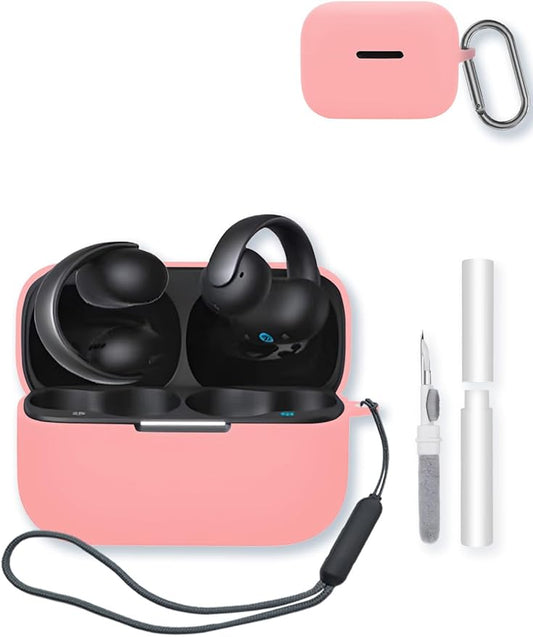 Case for Anker Soundcore AeroClip Open-Ear Clip-On Earbuds,Soft Protective,BOVUGAC Silicone Case Cover with Keychain & Cleaning Kit & Lanyard for Anker Soundcore AeroClip Earbuds-Pink