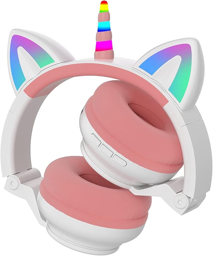 Unicorn Kids Headphones for Girls, Unicorn Bluetooth Headphones Foldable for Girls Toddlers Tablet/pad/Amazon fire,Light Up Kids Wireless Headphone Birthday Gifts (White Pink)