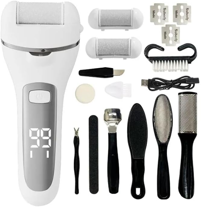 White Electric Foot File Callus Remover Set, Waterproof, LCD Display, with Professional Pedicure Kit 9 Pieces