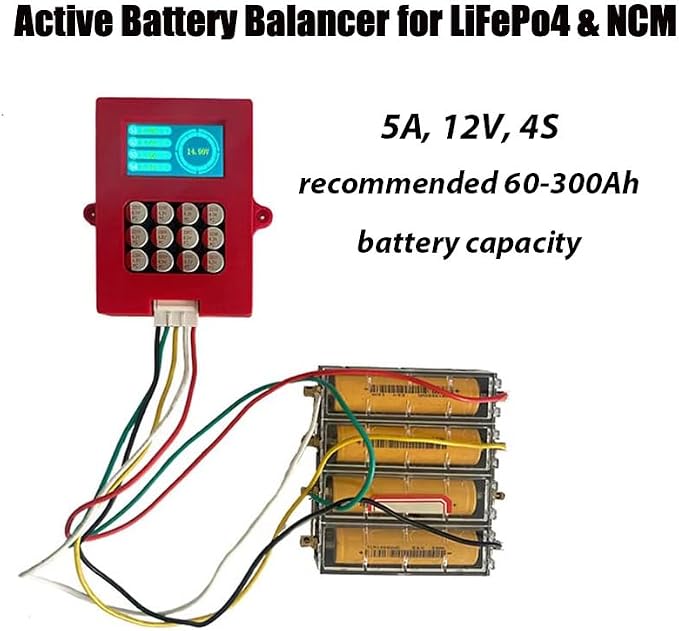 5A 4S LiFePo4 & NCM Active Battery Balancer, 12V, 0-5.5A Adaptive, Digital Voltage Display (DS0855), Red, Type A/B Plug