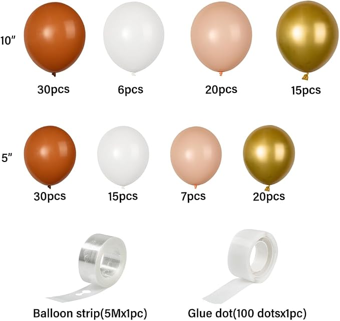 Restaurantware-Balloonify Balloon Garland Set, 1 Party Decoration Kit - 143 Balloons, With Chain, Brown, White, & Gold Latex Balloon Arch Kit, Includes Glue Dots