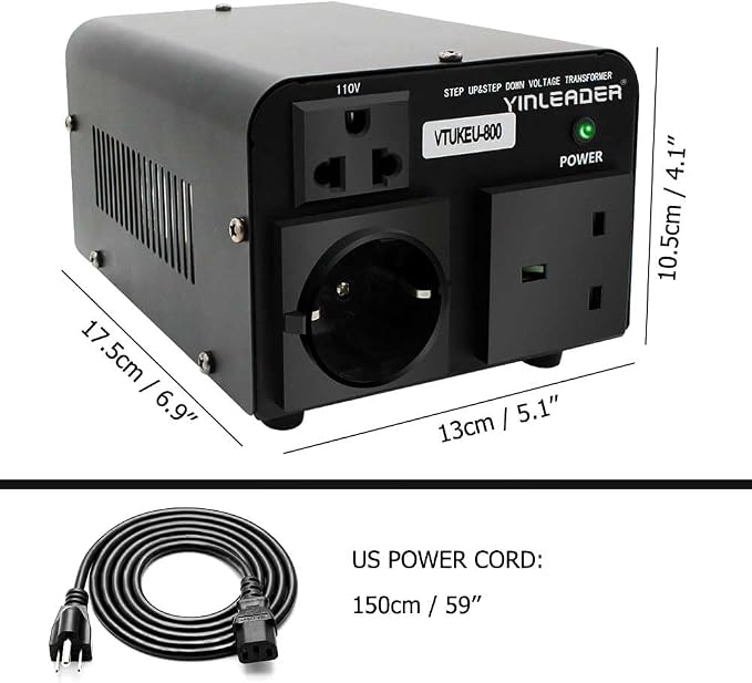 Yinleader Voltage Converter 800W Step Up/Down Transformer 110/120V to 220/230/240V for use European, UK and More Overseas appliances in The US/CA/MX [110V US Power Cord Included Only, No 220V Cord]