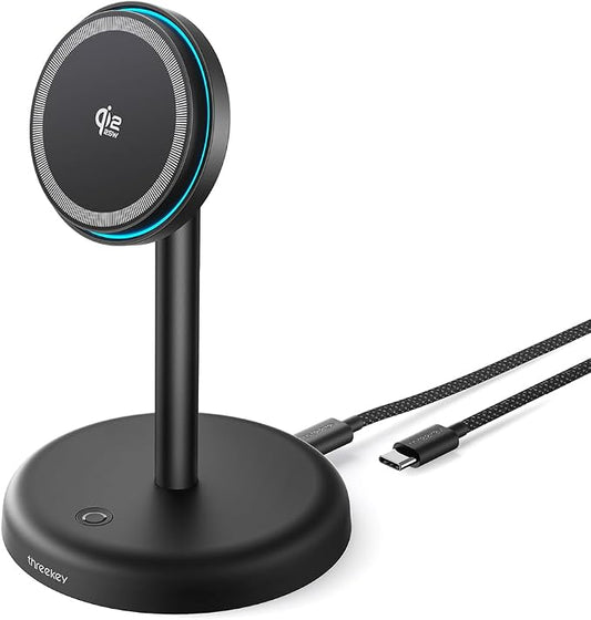 THREEKEY for Qi2 Certified 25W Magnetic Charging Stand with Cooling Fan & LED Light, Fast Wireless Charger Station for iPhone 17-12 Series/Galaxy S26-S25/Pixel 10【No Adapter】