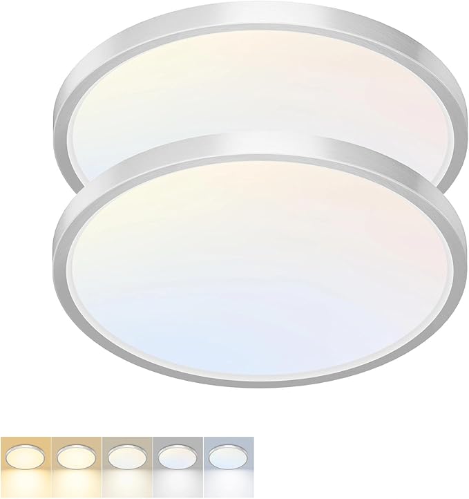 2 Pack LED Flush Mount Ceiling Light,7Inch 15W,3000K/3500K/4000K/5000K/6500K 5 Color Temperatures Ceiling Light Fixture for Kitchen Porch Hallway Bedroom Bathroom and Closet,Brushed Nickel