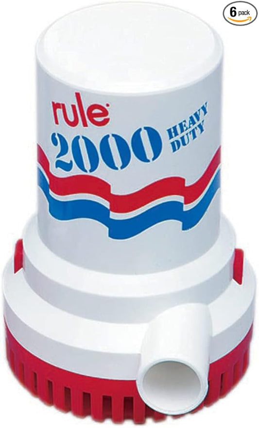 Rule 2000 GPH Bilge Pump 12V-Submersible Marine Boat Accessory with 1-1/8" Discharge,Anti-Airlock,Reliable Ignition Protection,Silent Operation,Easy-Clean Strainer-Rust/Corrosion Resistant (Pack of 6)