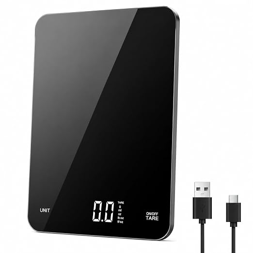 Rechargeable Digital Kitchen Scale, 5kg/0.1g High Precision Food Scale, Ultra Slim & Tempered Glass Platform, Tare & 4 Unit Modes, Perfect for Baking & Cooking