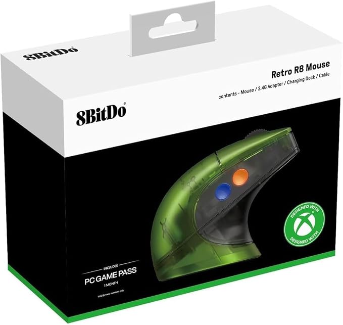 8BitDo Retro R8 Mouse with PAW 3395 Optical Sensor DPI 26K, Wireless 4K Polling Mouse with Charging Dock, Programmable Buttons, and Kailh Sword GM X Micro Switches - Xbox Edition(Officially Licensed)
